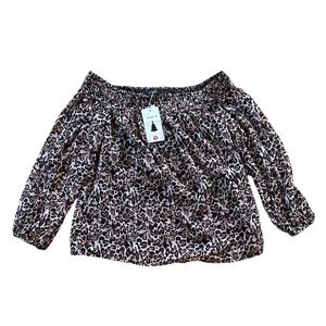 ZESICA Womens‎ Leopard Animal Print Off The Shoulder Smocked Puff Sleeve Top M